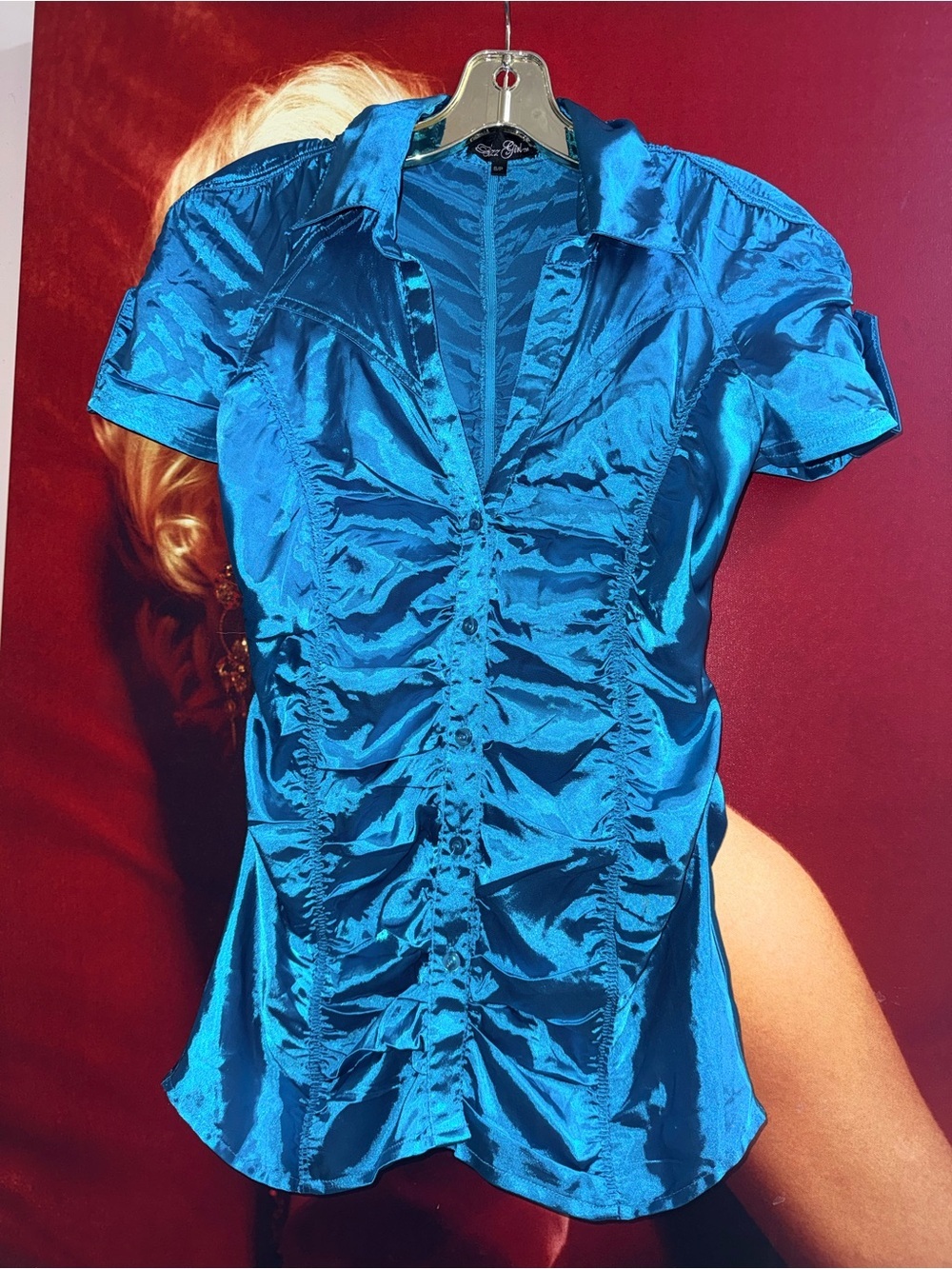 Satin Ruched Short-Sleeve Blouse in Bright Blue